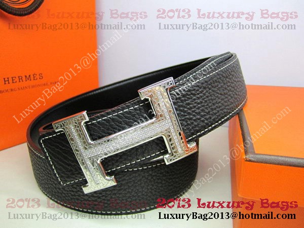 Hermes Calf Leather Diamond Belt HB118 Black Silver Hermes Calf Leather Diamond Belt HB118 Black Silver
