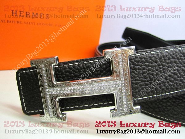 Hermes Calf Leather Diamond Belt HB118 Black Silver Hermes Calf Leather Diamond Belt HB118 Black Silver