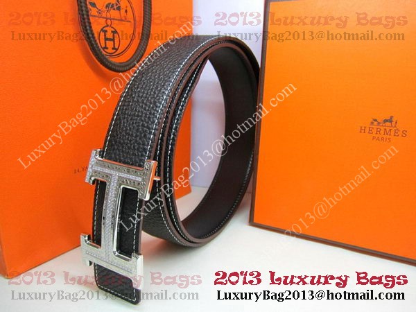 Hermes Calf Leather Diamond Belt HB118 Black Silver Hermes Calf Leather Diamond Belt HB118 Black Silver