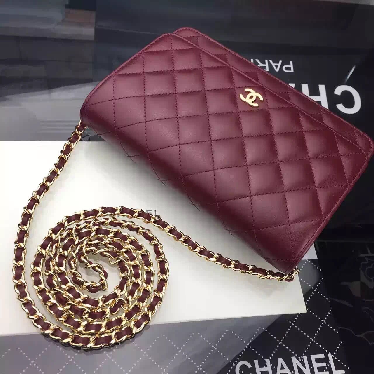 Chanel WOC mini Flap Bag Original Lambskin Leather A5373 Burgundy Chanel WOC mini Flap Bag Original Lambskin Leather A5373 Burgundy