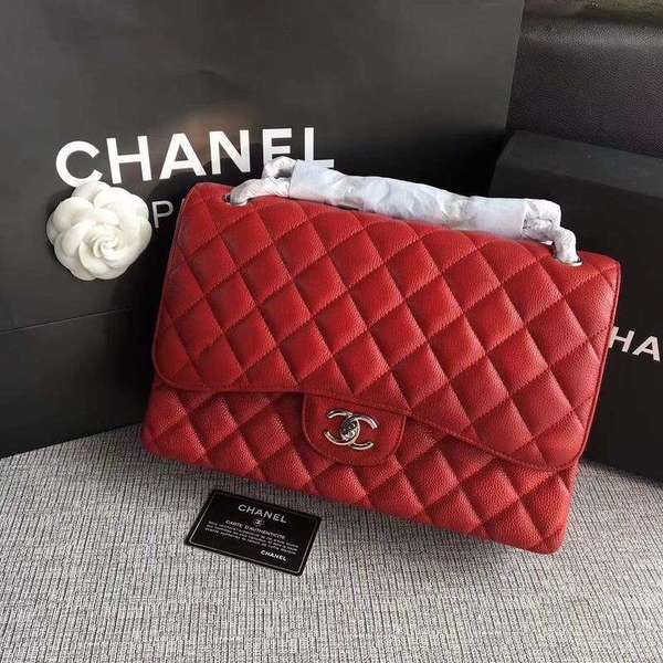 Chanel Flap Shoulder Bags Red Original Calfskin Leather CF1113 Silver
