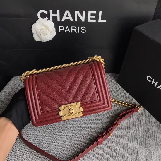 Chanel Le Boy Flap Shoulder Bag Original Caviar Leather P67085 Deep red Gold Buckle
