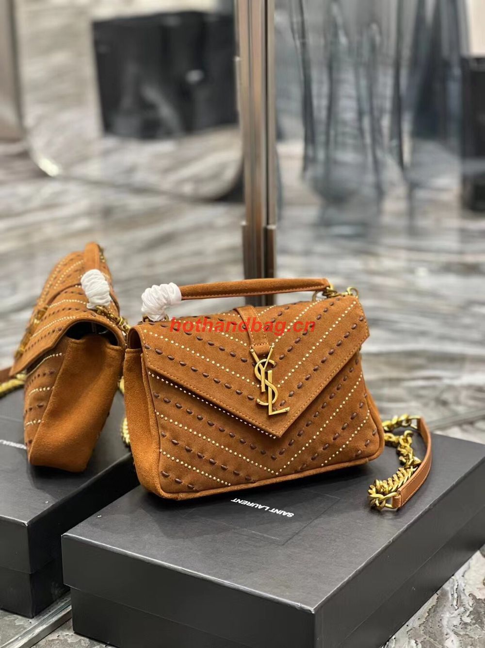 SAINT LAURENT COLLEGE MEDIUM CHAIN BAG IN QUILTED SUEDE 6002791 CINNAMON SAINT LAURENT COLLEGE MEDIUM CHAIN BAG IN QUILTED SUEDE 6002791 CINNAMON