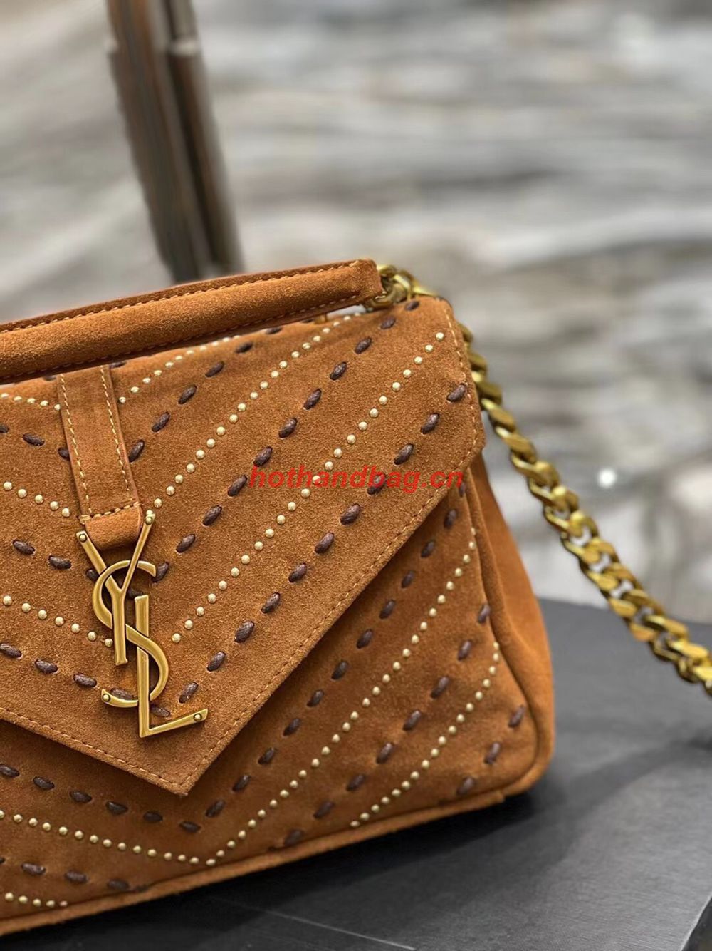 SAINT LAURENT COLLEGE MEDIUM CHAIN BAG IN QUILTED SUEDE 6002791 CINNAMON SAINT LAURENT COLLEGE MEDIUM CHAIN BAG IN QUILTED SUEDE 6002791 CINNAMON