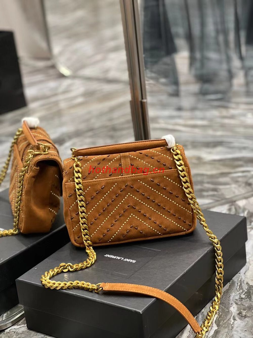 SAINT LAURENT COLLEGE MEDIUM CHAIN BAG IN QUILTED SUEDE 6002791 CINNAMON SAINT LAURENT COLLEGE MEDIUM CHAIN BAG IN QUILTED SUEDE 6002791 CINNAMON