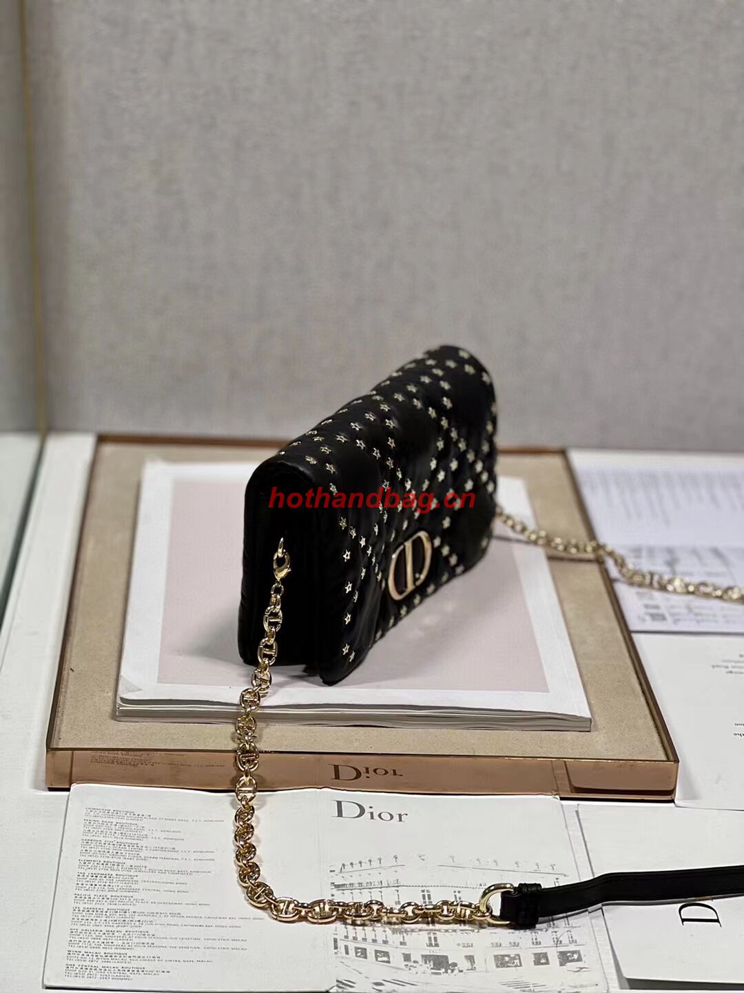 DIOR CARO MACROCANNAGE POUCH Macrocannage Calfskin with Star Motif S5135UNH black&gold DIOR CARO MACROCANNAGE POUCH Macrocannage Calfskin with Star Motif S5135UNH black&gold