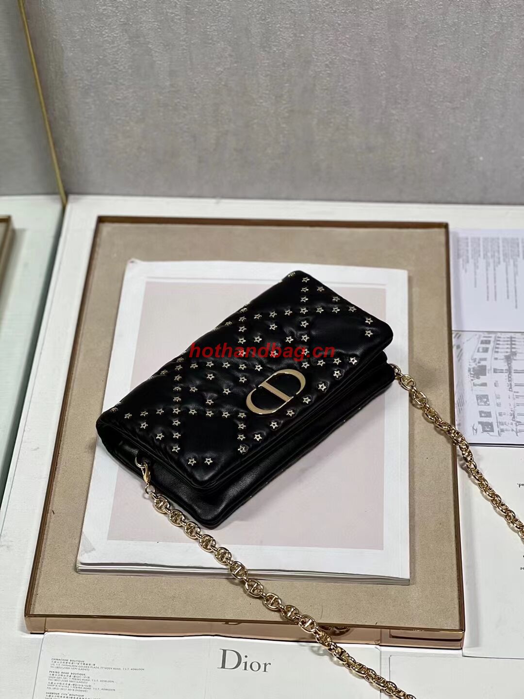 DIOR CARO MACROCANNAGE POUCH Macrocannage Calfskin with Star Motif S5135UNH black&gold DIOR CARO MACROCANNAGE POUCH Macrocannage Calfskin with Star Motif S5135UNH black&gold