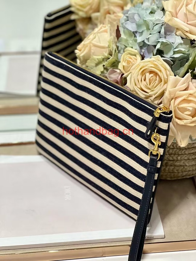LARGE DIOR CARO DAILY POUCH Natural and Denim Blue Mariniere Raffia S5086UGAK LARGE DIOR CARO DAILY POUCH Natural and Denim Blue Mariniere Raffia S5086UGAK