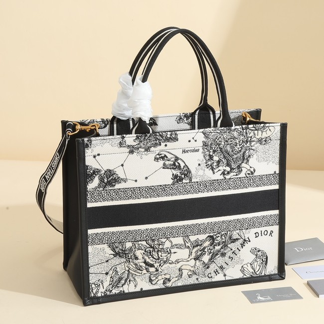 Medium Dior Book Tote Latte Multicolor Dior Zodiac Embroidery and Black Calfskin M1324CET