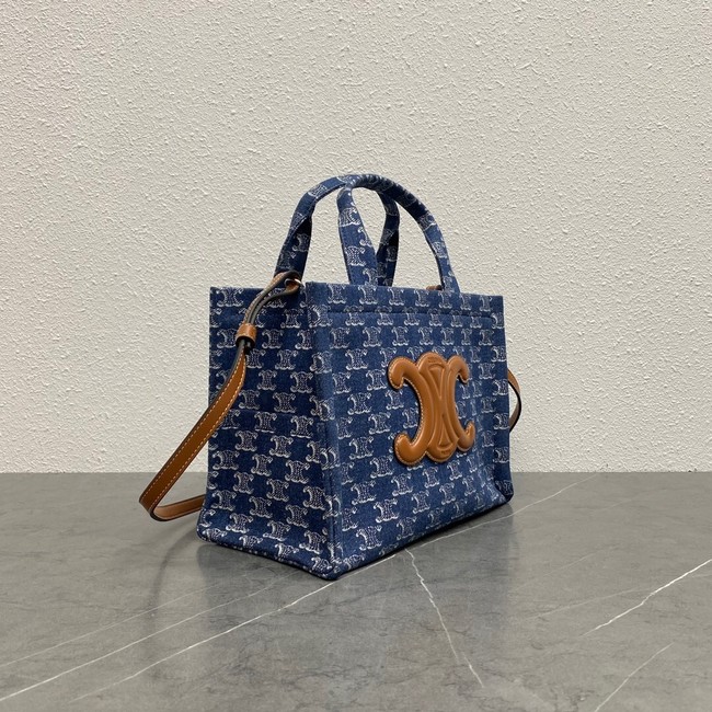 Celine SMALL CABAS THAIS IN DENIM WITH TRIOMPHE ALL-OVER EMBROIDERY AND CALFSKIN 199162 NAVY