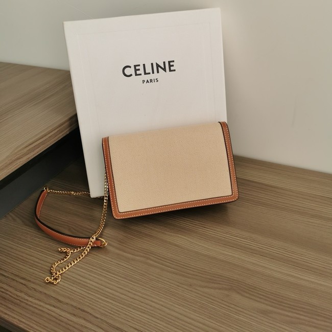 Celine WALLET ON CHAIN MARGO IN TEXTILE AND CALFSKIN 10J733 NATURAL & TAN