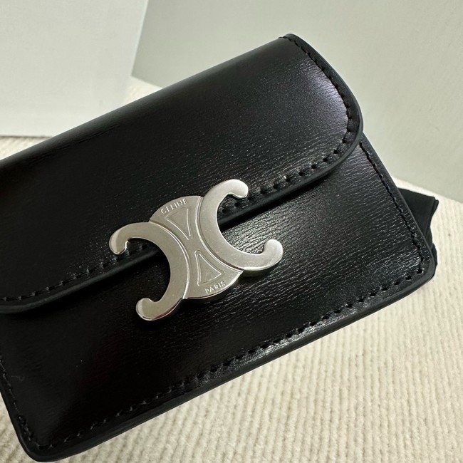 Celine CARD HOLDER WITH FLAP TRIOMPHE IN SHINY CALFSKIN 10I583 black&SILVER