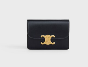 Celine CARD HOLDER WITH FLAP TRIOMPHE IN SHINY CALFSKIN 10I583 black