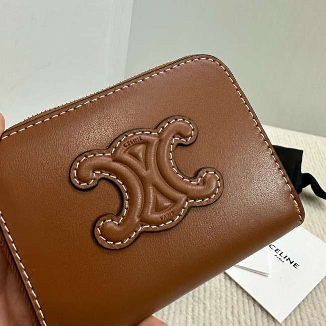 Celine COMPACT ZIPPED WALLET CUIR TRIOMPHE IN SMOOTH CALFSKIN 10K533 tan