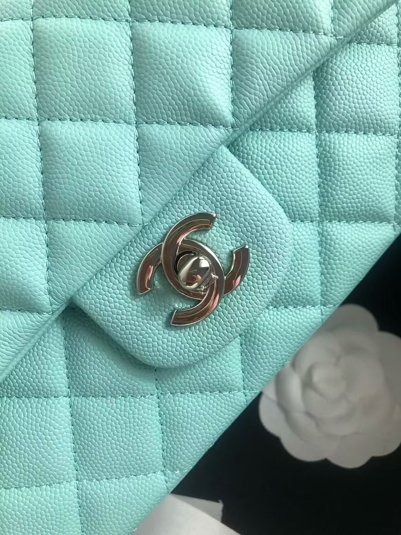 Chanel Flap Shoulder Bag Grained Calfskin Caviar Leather A01116 silver-Tone Metal sky blue