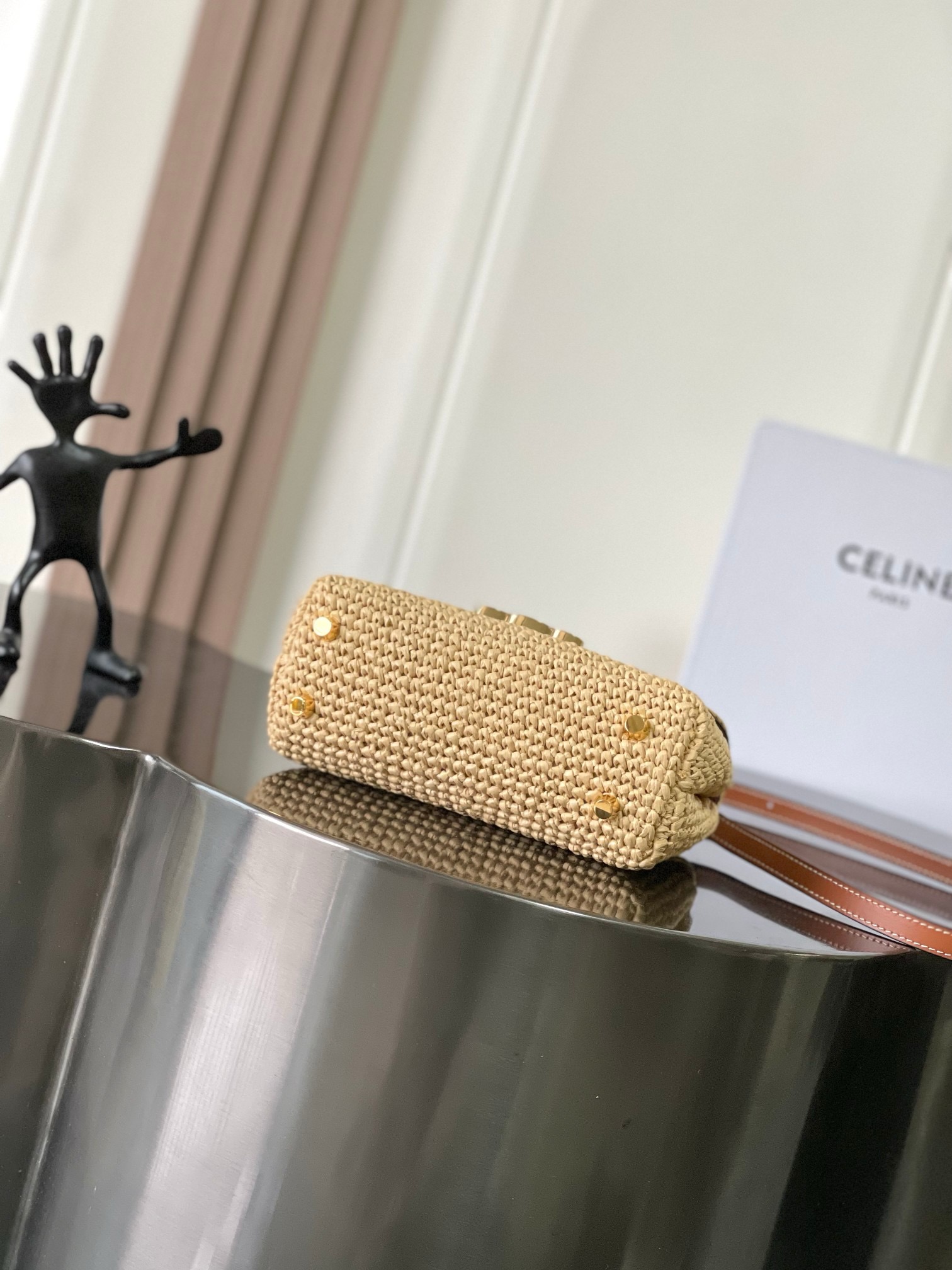 Celine TEEN NINO BAG  IN RAFFIA WITH TRIOMPHE EMBROIDERIES 118113 NATURAL & TAN