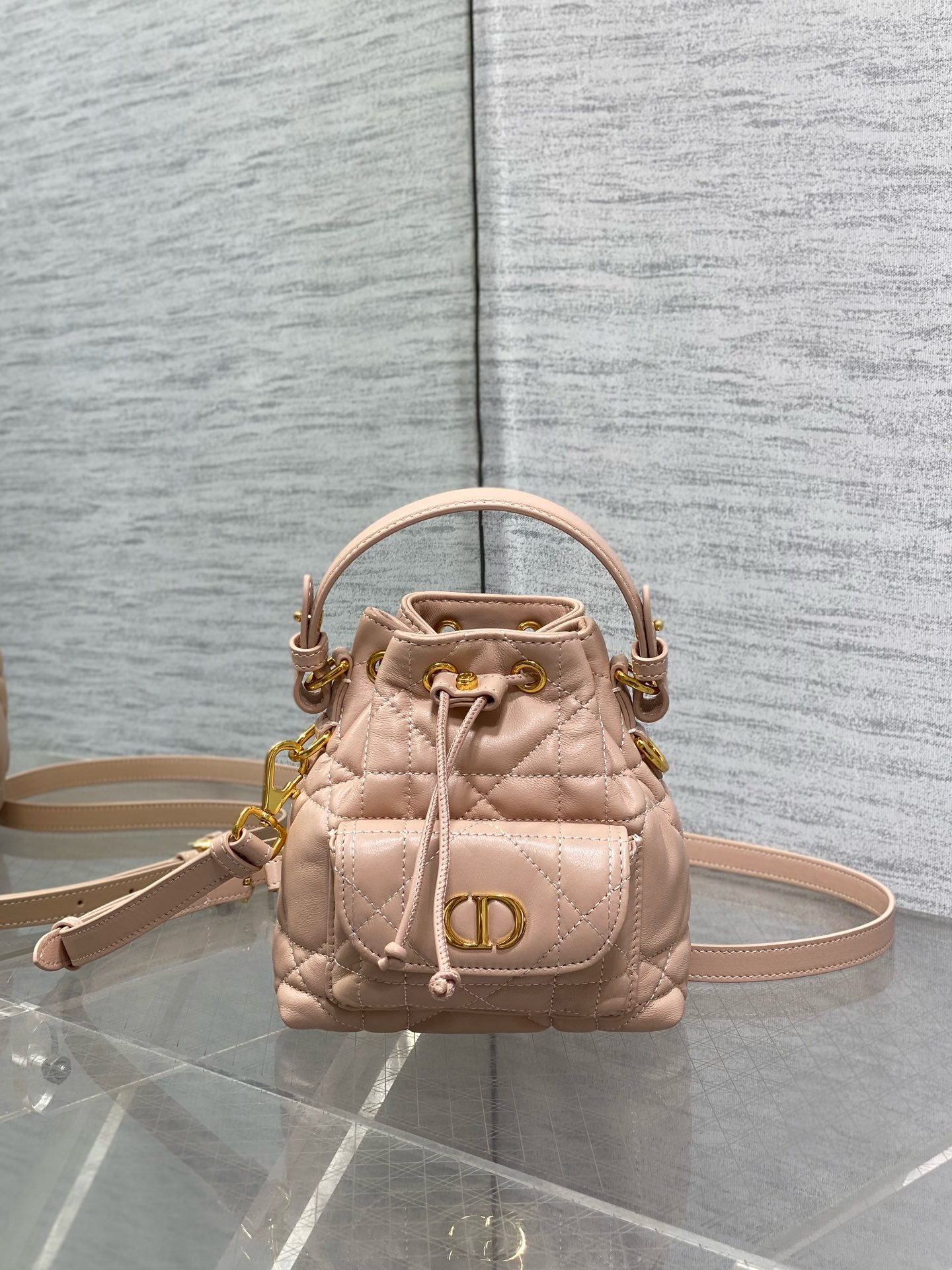 Dior Caro Nano Bucket Bag Macrocannage Lambskin S5250 pink