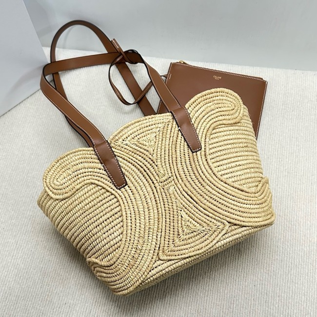 CELINE CLASSIC PANIER SMALL BRAIDED TRIOMPHE in RAFFIA and CALFSKIN 117022 TAN