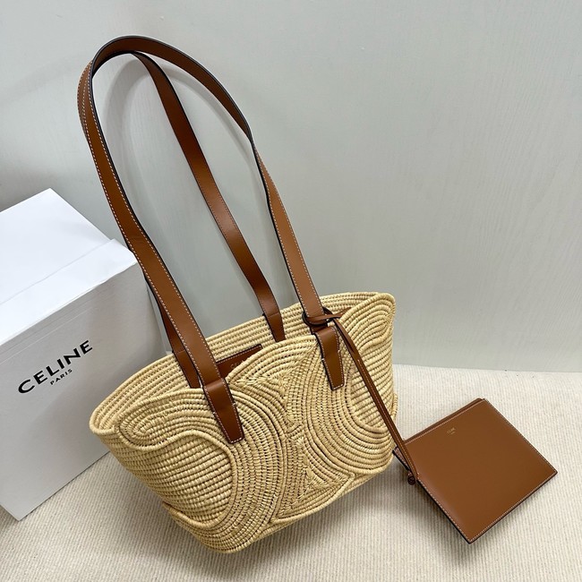 CELINE CLASSIC PANIER SMALL BRAIDED TRIOMPHE in RAFFIA and CALFSKIN 117022 TAN