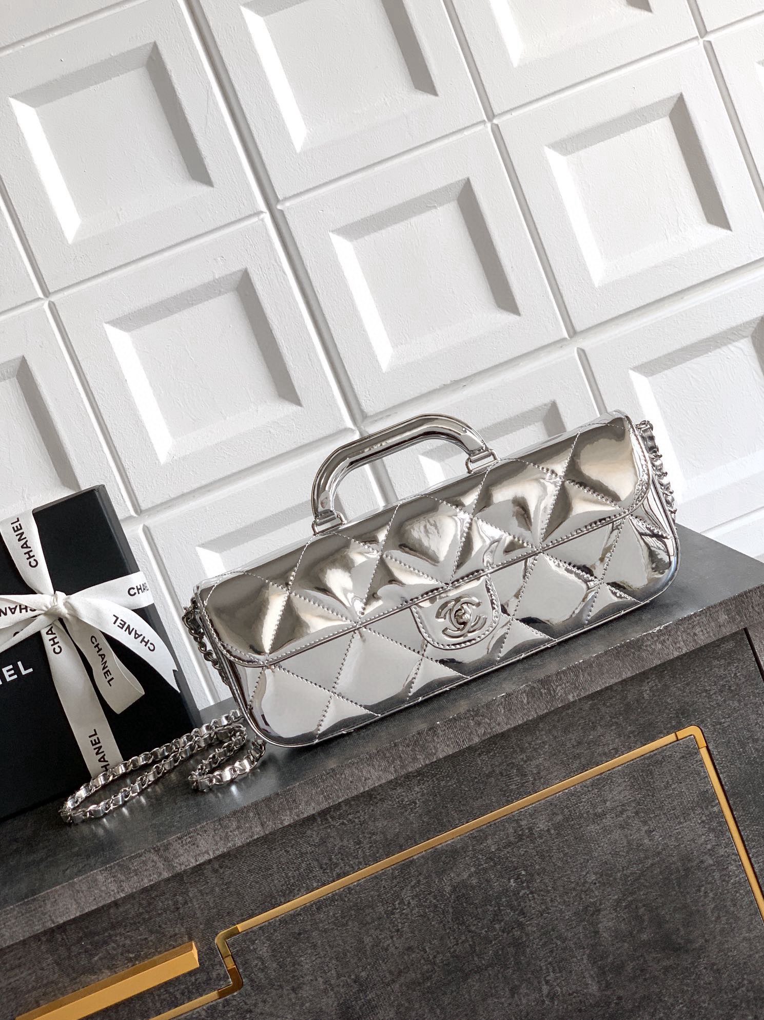 Chanel 25K Original Patent Leather Top Handle Bag A6321 Silver