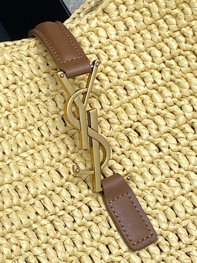 Saint Laurent LE 5 A 7 supple small in raffia and leather 823812 PALE BROWN AND BRICK