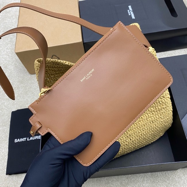 Saint Laurent LE 5 A 7 supple small in raffia and leather 823812 PALE BROWN AND BRICK
