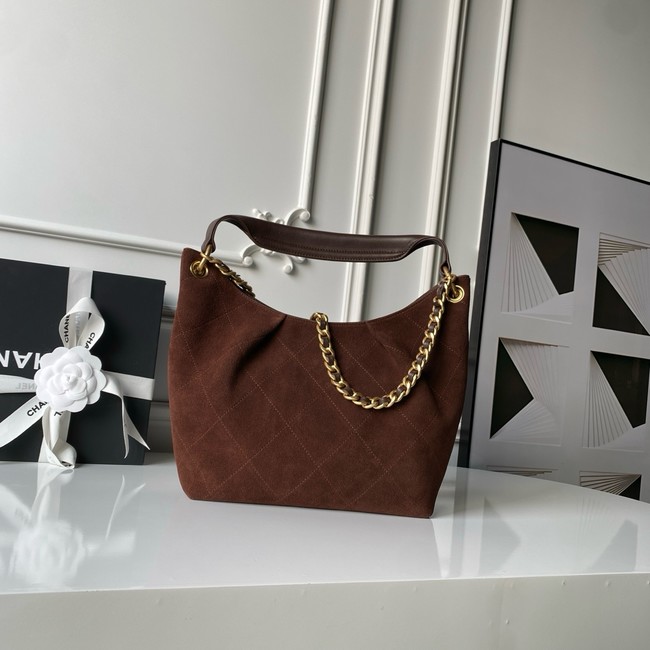 CHANEL Hobo Bag Suede Calfskin AS5970 Dark Brown