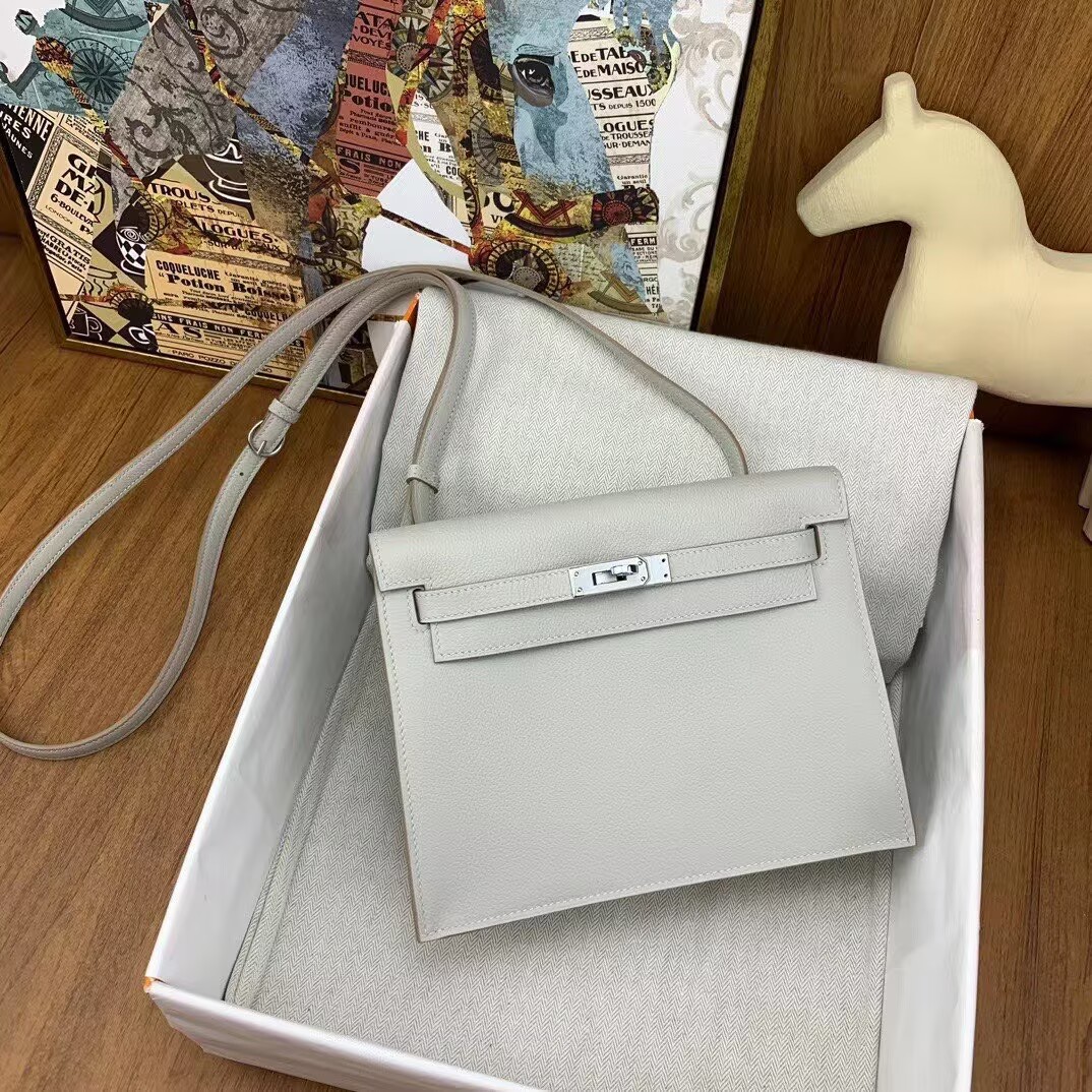 Hermes Kelly Danse Original Evercolor Leather 22CM KL22 Light Silver-Tone