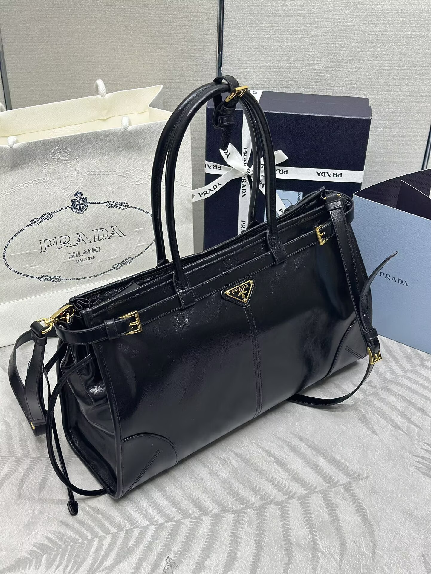 Prada Bonnie Leather Tote Bag 1BA433 Black