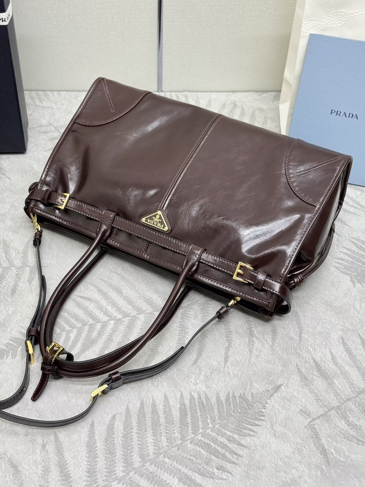 Prada Bonnie Leather Tote Bag 1BA433 Dark Brown