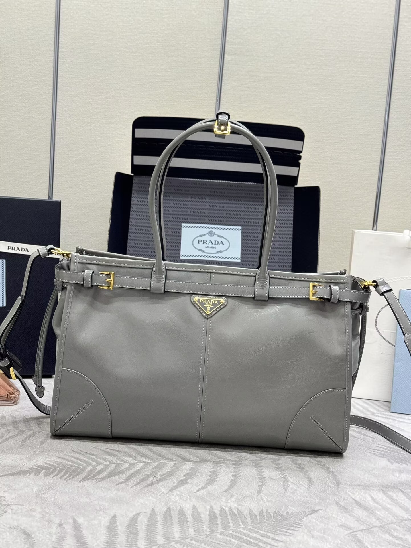 Prada Bonnie Leather Tote Bag 1BA433 Gray