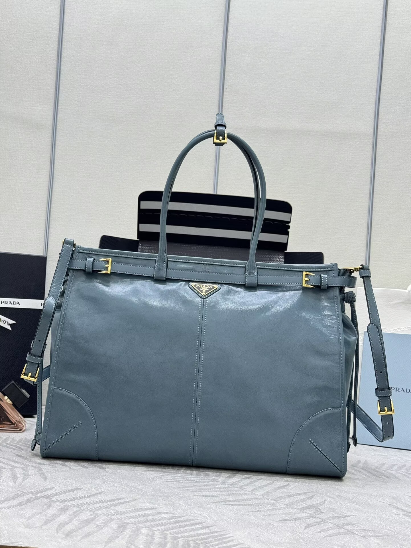 Prada Large Bonnie Leather Tote Bag 1BA439 Blue