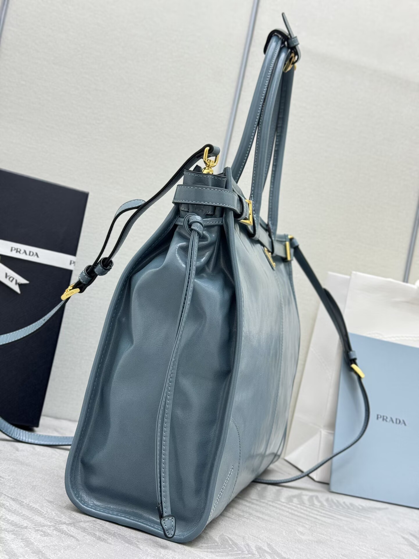 Prada Large Bonnie Leather Tote Bag 1BA439 Blue