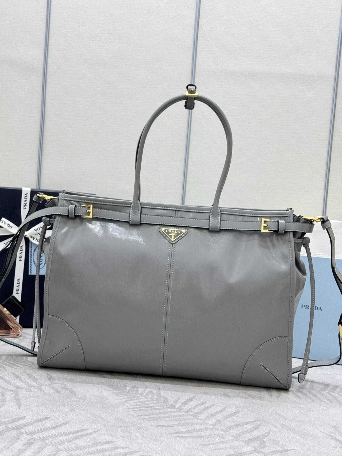 Prada Large Bonnie Leather Tote Bag 1BA439 Gray