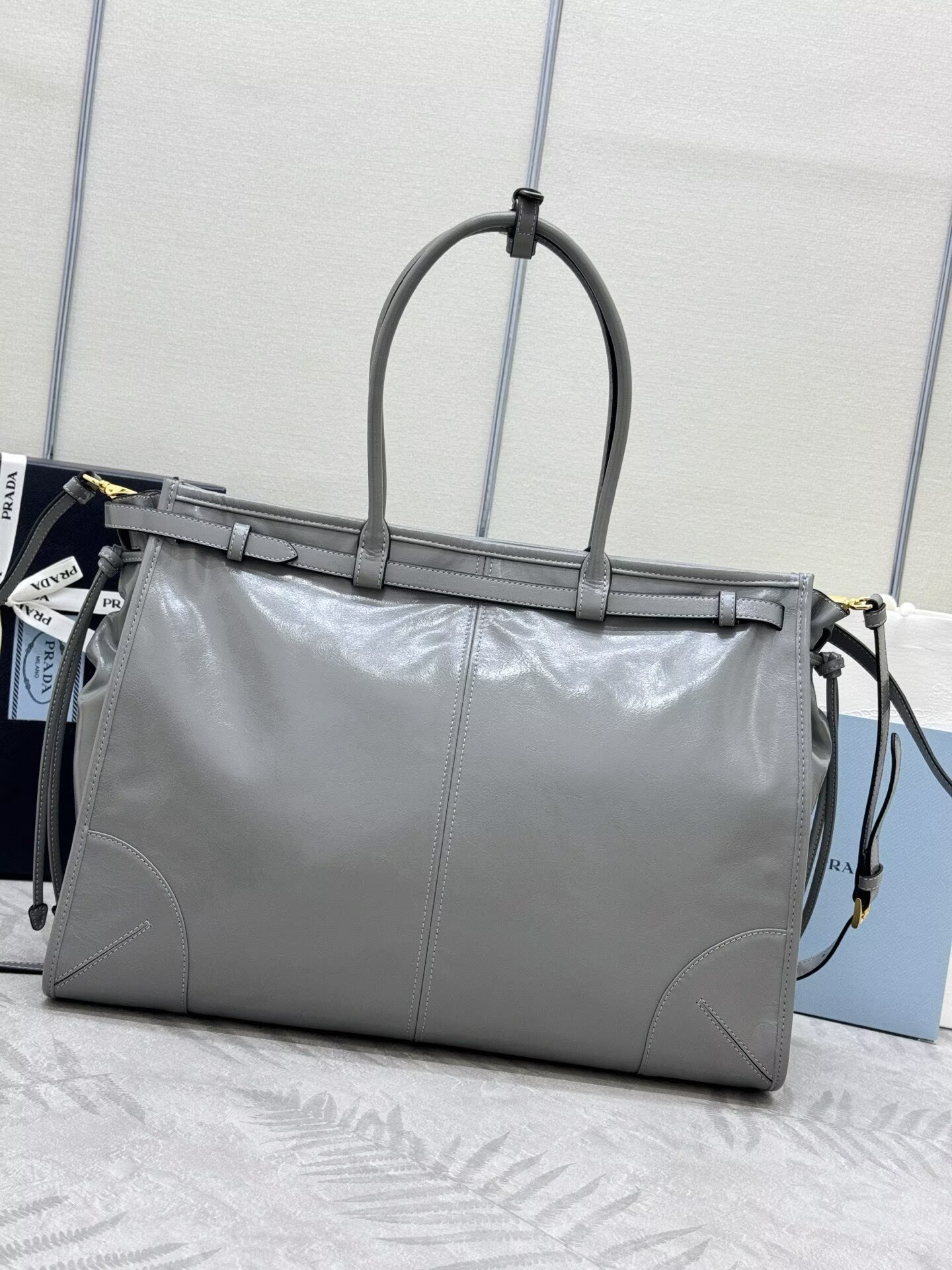Prada Large Bonnie Leather Tote Bag 1BA439 Gray