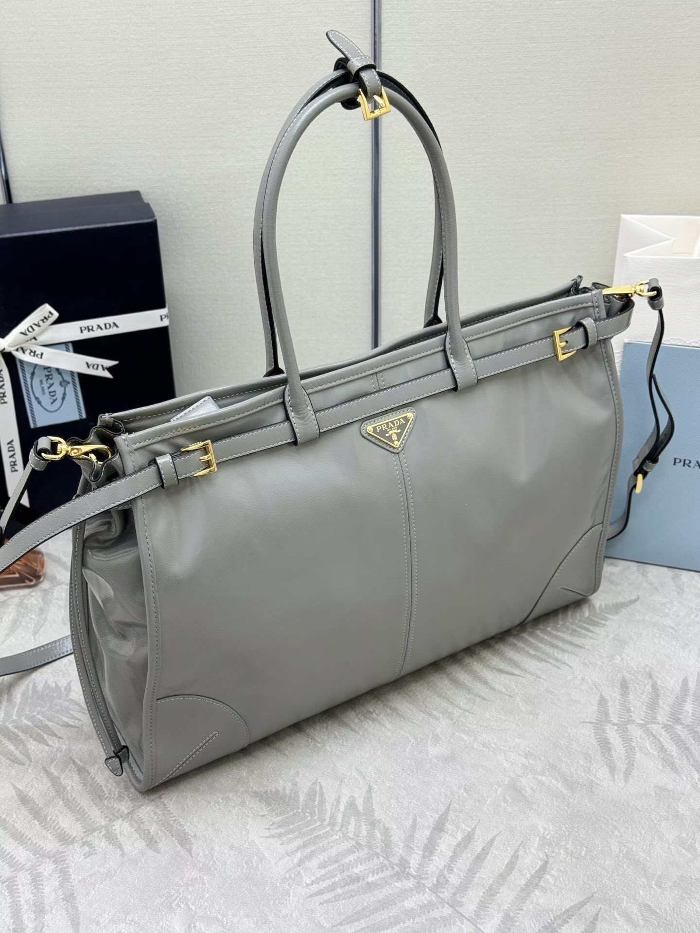 Prada Large Bonnie Leather Tote Bag 1BA439 Gray