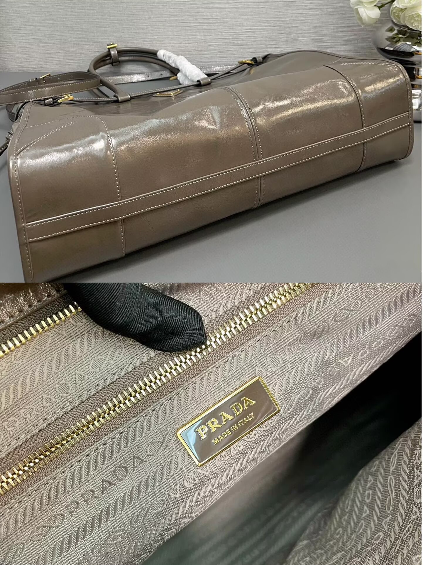 Prada Large Bonnie Leather Tote Bag 1BA439 Khaki Grey