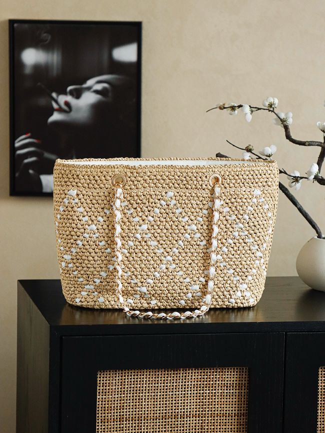 CHANEL Large Braided Straw Shoulder Bag AS5956 Apricot and white